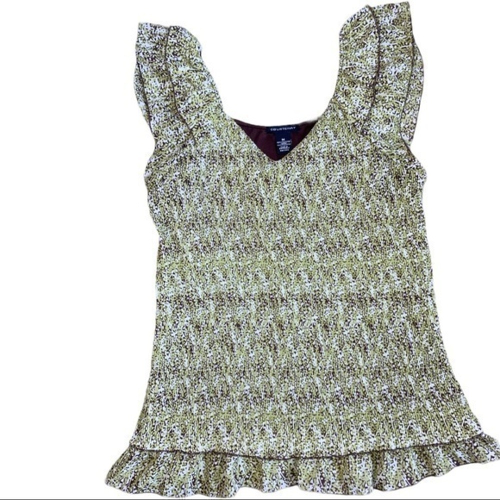 Courtenay size Medium sleeveless layered tank, green, brown, white,ruffle straps
